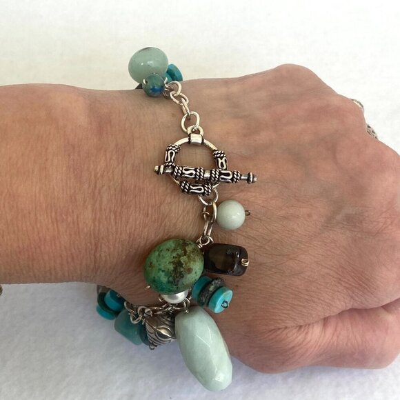 Sterling Silver 925 Beaded Multistone Turquoise Cable Chain Charm Bracelet 7.5" - Picture 11 of 16